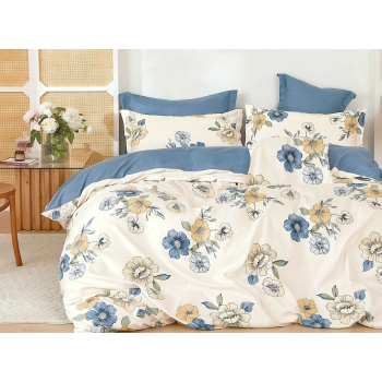 Pościel Flanelowa 200x220 z prześcieradłem  beżowa niebieskie kwiaty z prześcieradłem FL585